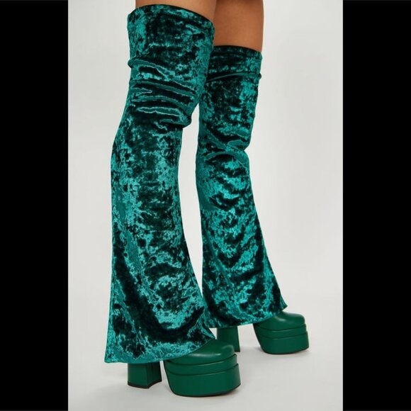 Mata Shoes Shoes - Good Will Unique Thigh High Emerald Velvet Fold over Chunky Heel Platform Boots
